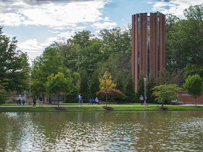 The Eve Chapel overlooking the reflecting pond on Penn State Altoona's campus